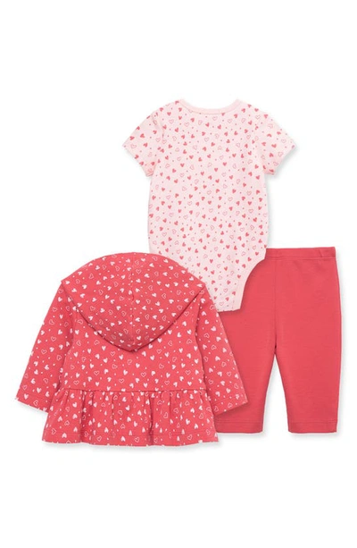 Shop Little Me Heart Print Cotton Peplum Jacket, Bodysuit & Pants Set In Red