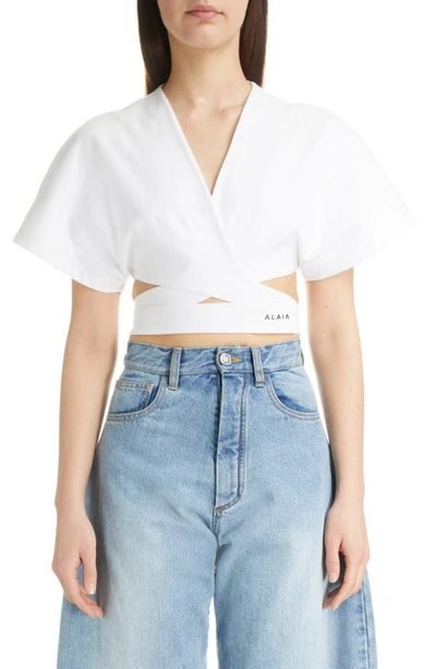 Shop Alaïa Cotton Jersey Wrap T-shirt In Blanc