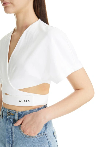 Shop Alaïa Cotton Jersey Wrap T-shirt In Blanc