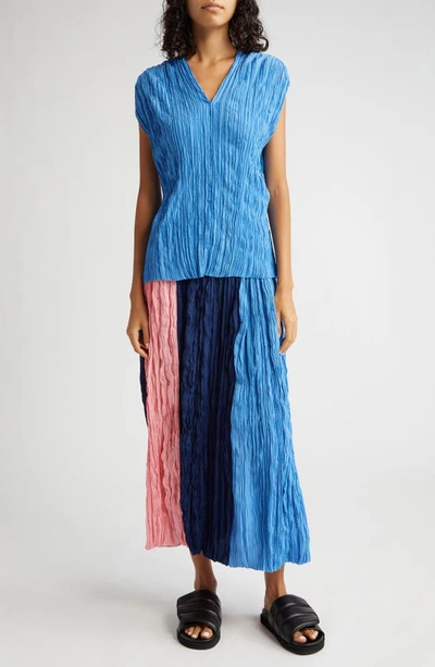 Partow Marion Cap Sleeve Satin Plissé Blouse In Sky