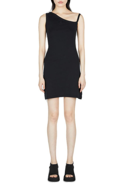 Shop Courrèges Logo Embroidered Asymmetrical Dress In Black