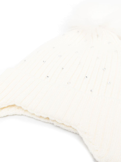Shop Monnalisa Rhinestone-embellished Ribbed Knit Hat In White