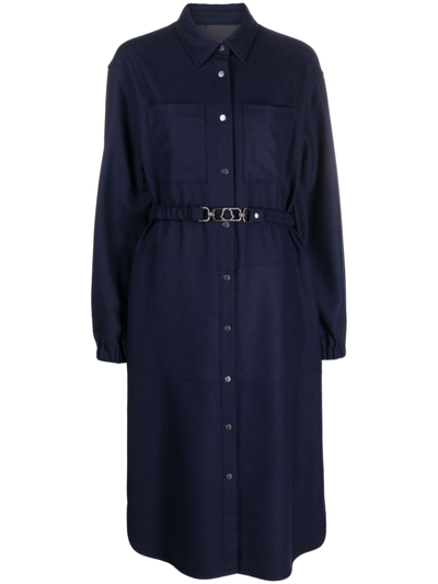 Shop Moncler Belted Wool-blend Shirtdress In Blue