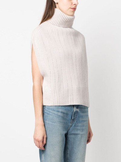 Shop Allude Rhinestone-stripes Ribbed-knit Top In Neutrals