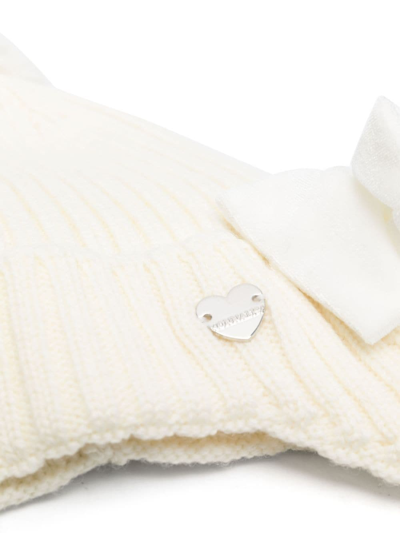 Shop Monnalisa Bow-detail Ribbed-knit Hat In White