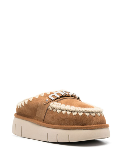 Mou Logo-lettering Crochet-trim Suede Mules In Brown