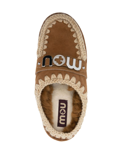 Mou Logo-lettering Crochet-trim Suede Mules In Brown