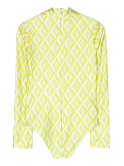 Shop Elisabetta Franchi La Mia Bambina Monogram-print Mock-neck Bodysuit In Yellow