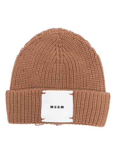 Shop Msgm Logo-patch Knitted Beanie In Brown