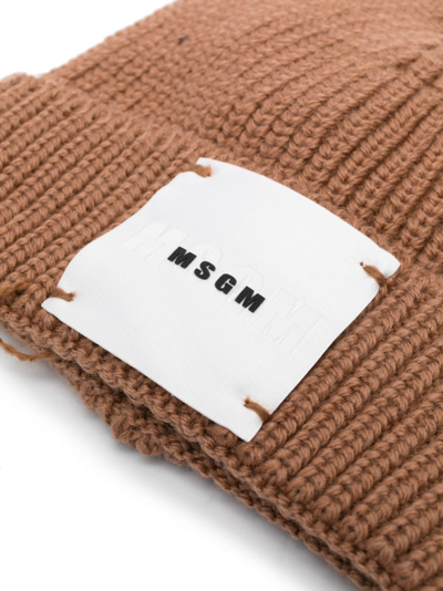 Shop Msgm Logo-patch Knitted Beanie In Brown