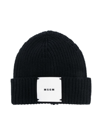 Shop Msgm Logo-patch Knitted Beanie In Black