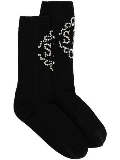 Shop Simone Rocha Monogram-embellished Cotton Socks In Black