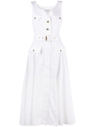 Shop Alexander Mcqueen Belted Cotton-poplin Midi Dress In White