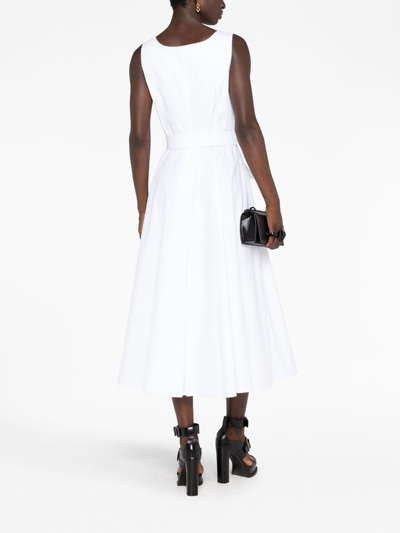 Shop Alexander Mcqueen Belted Cotton-poplin Midi Dress In White