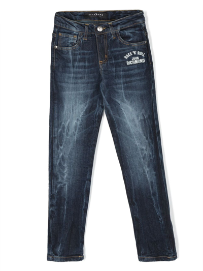 Shop John Richmond Junior Idolm Embroidered-logo Cotton Jeans In Blue