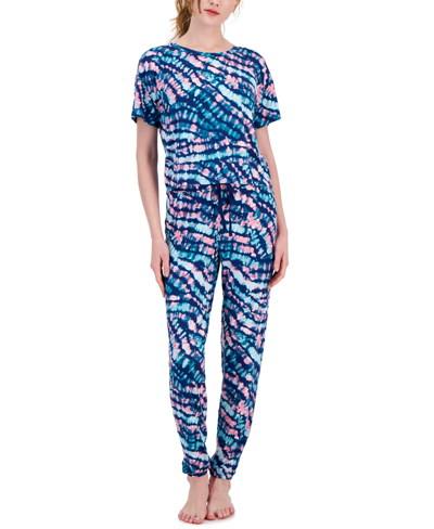 Shop Jenni Women's 2-pc. Short-sleeve Jogger Pajamas Set, Created For Macy's In Line Tiedye