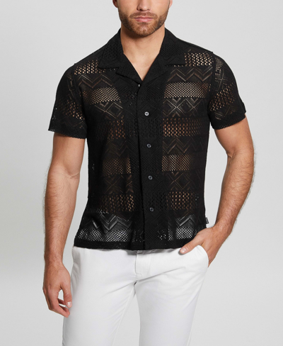 Shop Guess Men's Short-sleeve Geometric Crochet-knit Shirt In Black
