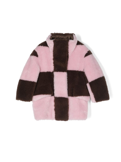 Shop Stand Studio Pink Checked Faux-fur Coat