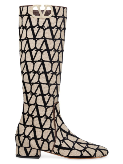 Shop Valentino Women's Vlogo Type Boots In Toile Iconographe In Beige Black