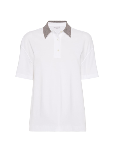 Shop Brunello Cucinelli Women's Cotton Jersey Polo Shirt With Precious Collar In White