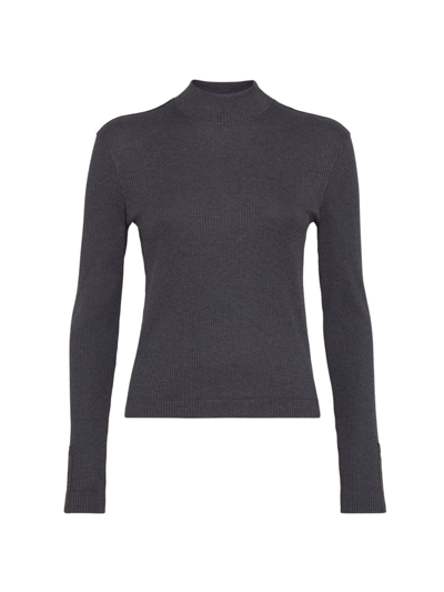 Shop Brunello Cucinelli Women's Cotton Ribbed Jersey Top With Precious Cuff Detail In Anthracite