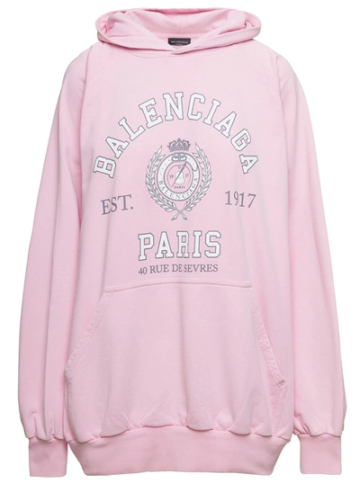Shop Balenciaga Pink Oversized Hoodie With College-style Logo Print In Cotton Woman