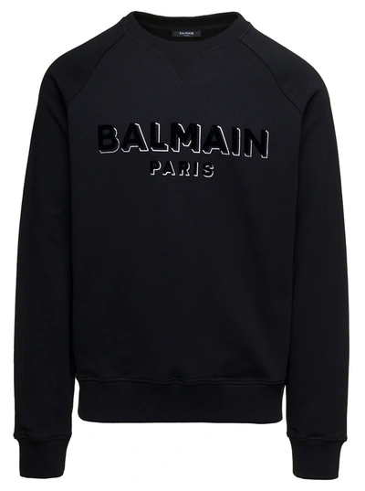 Shop Balmain Black Crewneck Sweatshirt With 3d Effect Logo Print In Organic Cotton Man
