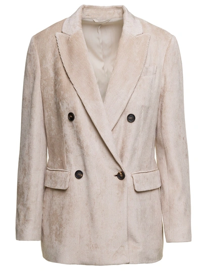 Shop Brunello Cucinelli Beige Double-breasted Jacket With Flap Pockets In Velvet Woman In Dark Birch Brown