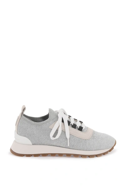 Shop Brunello Cucinelli Sparkling Knit Sneakers In Grigio Chiaro (grey)