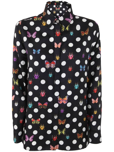 Shop Versace Formal Shirt Twill Silk Fabric With Polka Dot Print Allover Butterflies In Black Multicolor