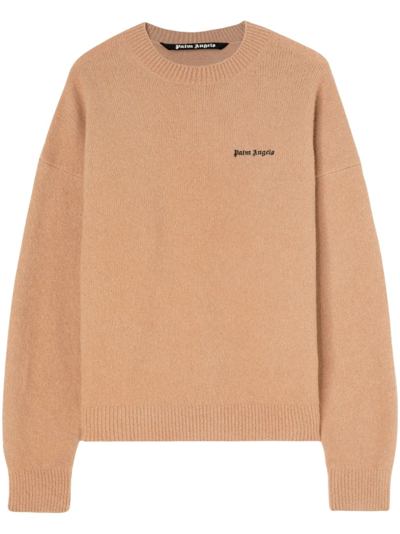 Shop Palm Angels Logo-embroidered Wool-blend Jumper In Neutrals