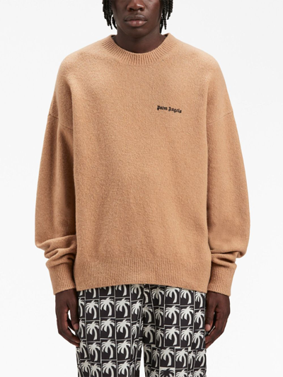 Palm Angels Logo-embroidered Wool-blend Jumper In Neutrals