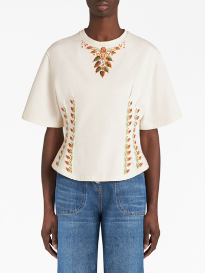 Shop Etro Foliage-embroidered Cotton T-shirt In White