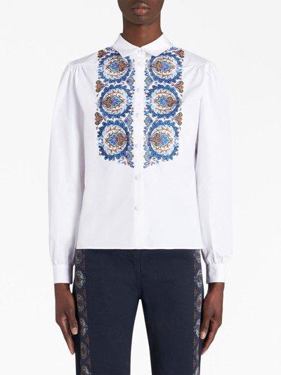 Etro Cotton Button-front Shirt With Embroidered Paisley Detail In White