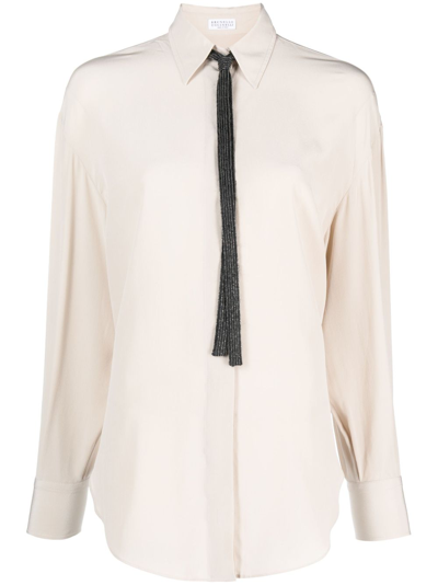 Shop Brunello Cucinelli Beaded-tie Silk Shirt In Neutrals