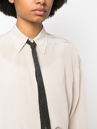 Shop Brunello Cucinelli Beaded-tie Silk Shirt In Neutrals