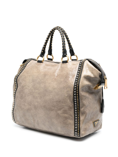 Pre-owned Prada 2010s Stud-embellished Zipped Two-way Bag In Neutrals