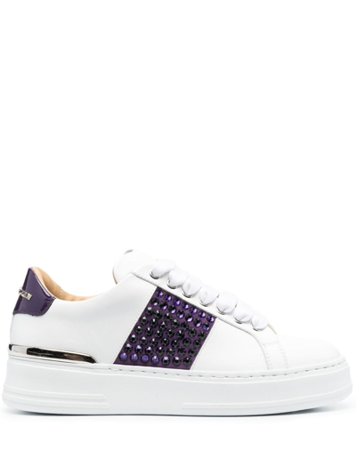 Shop Philipp Plein Crystal-embellished Low-top Leather Sneakers In White