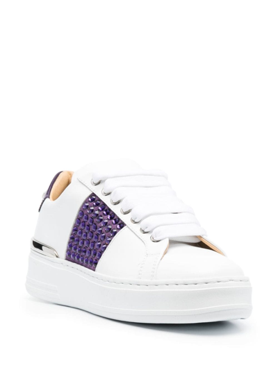 Shop Philipp Plein Crystal-embellished Low-top Leather Sneakers In White