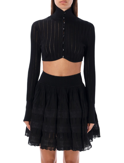 Alaïa Long Sleeved Knitted Cropped Cardigan In Black