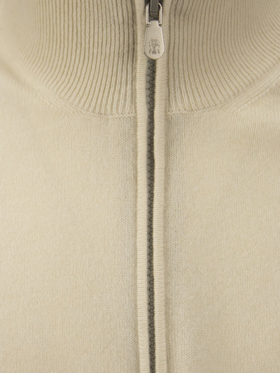Shop Brunello Cucinelli Cashmere Turtleneck Sweater With Zip In Sand
