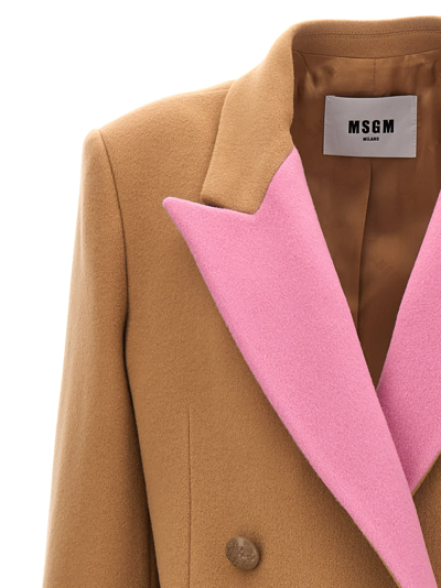 Shop Msgm Contrast Lapel Coat In Beige