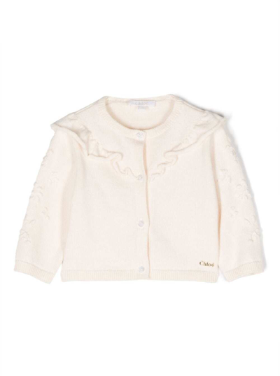 Shop Chloé White Cardigan With Frill And Embroidered Logo In Cotton And Wool Baby