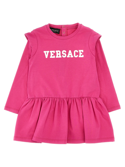 Shop Versace Logo Print Dress In Fuchsia