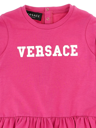 Shop Versace Logo Print Dress In Fuchsia