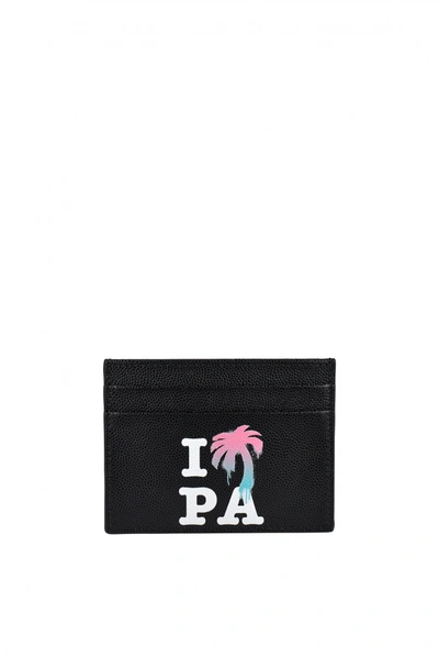 Shop Palm Angels Men's Luxury Wallet   Black Leather Cardholder With Pink And Blue  Graphity Palm Logo