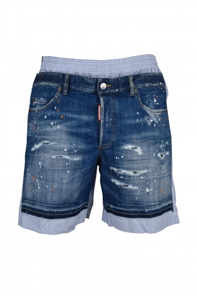 Shop Dsquared2 Luxury Shorts   Blue Boxer Style Bi Material Denim Shorts