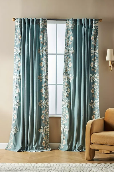 Shop Anthropologie Embroidered Velvet Harlowe Curtain By  In Blue Size 50" X 96"
