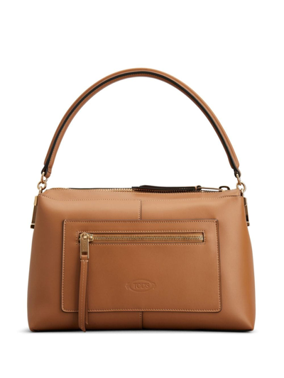 Shop Tod's Small T Case Boston Leather Shoulder Bag In Brown
