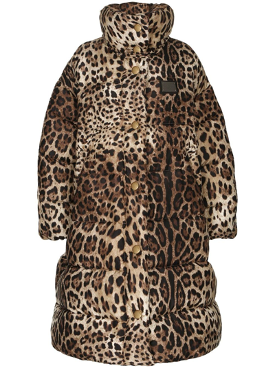 Shop Dolce & Gabbana Leopard-print Oversize Padded Coat In Brown